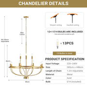 12 Lights Candle Chandelier Gold Farmhouse & Industrial Pendant CL-12HCCG