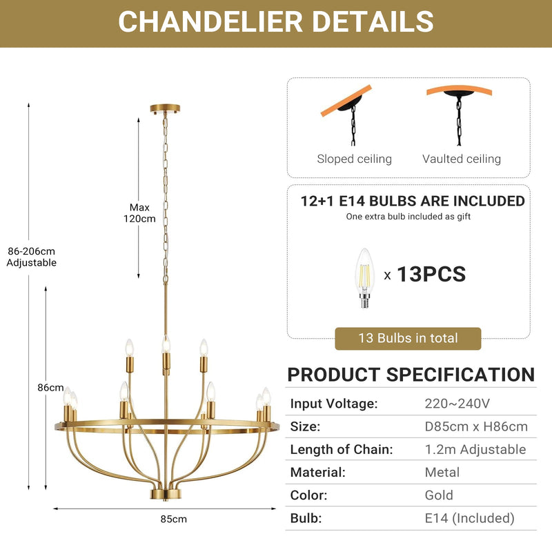 12 Lights Candle Chandelier Gold Farmhouse & Industrial Pendant CL-12HCCG