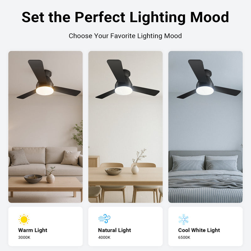 Ceiling Fan with Light 36/42" DC Motor 3 Wood Blades Black CF-JYFB