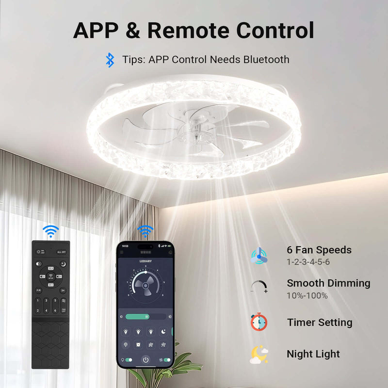 Flush Mount Ceiling Fan 50cm Crystal Light APP Remote White CF-FMW