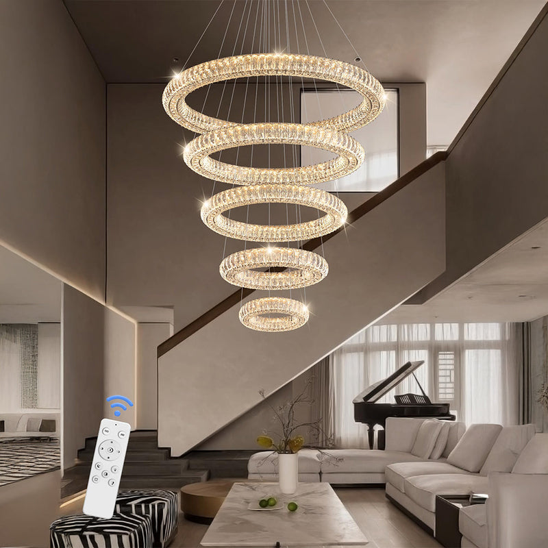 5 Rings Crystal Chandelier Modern LED Stair High Ceiling CL-5RCCS