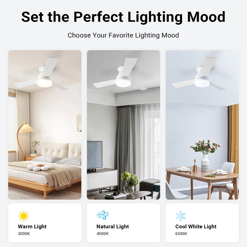 Ceiling Fan with Light 36/42" DC Motor 3 Wood Blades White CF-JYFW