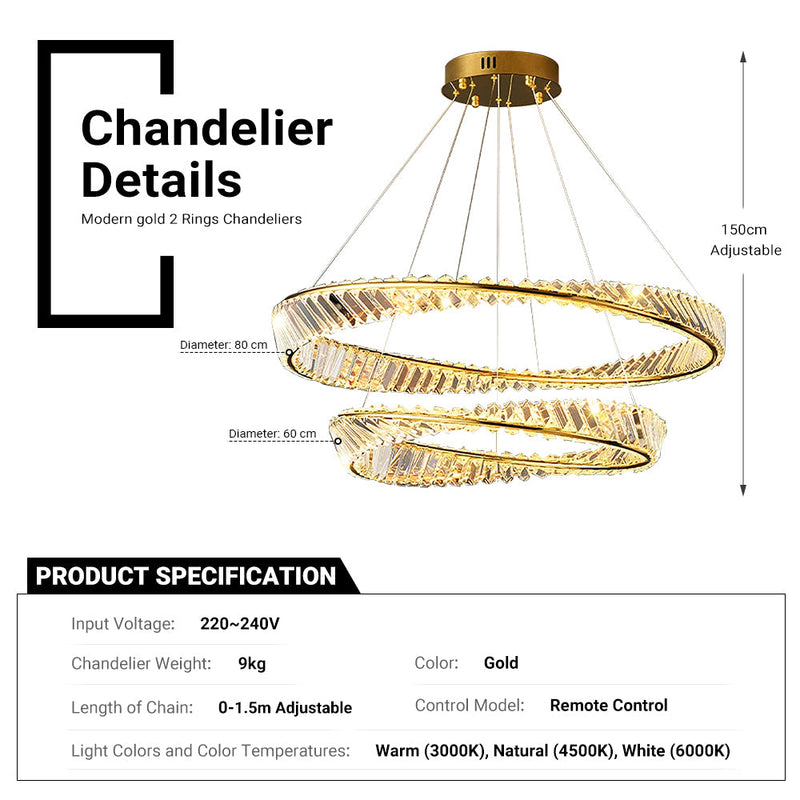 2 Rings Crystal Chandelier 60&80cm Gold 3 Colors With Remote CL-2R68