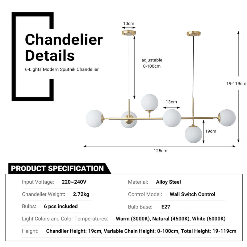 Modern Sputnik Chandelier 6-Light 125cm White Cover Ceiling CL-SPC6