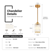 Modern Crystal Pendant Light Mini Chandelier Hanging Lamp Gold CL-SCL