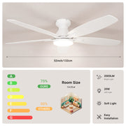 Ceiling Fan with Light 52" DC Motor 5 Wood Blades White CF-52JYFW