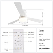 Ceiling Fan with Light 36/42" DC Motor 3 Wood Blades White CF-JYFW