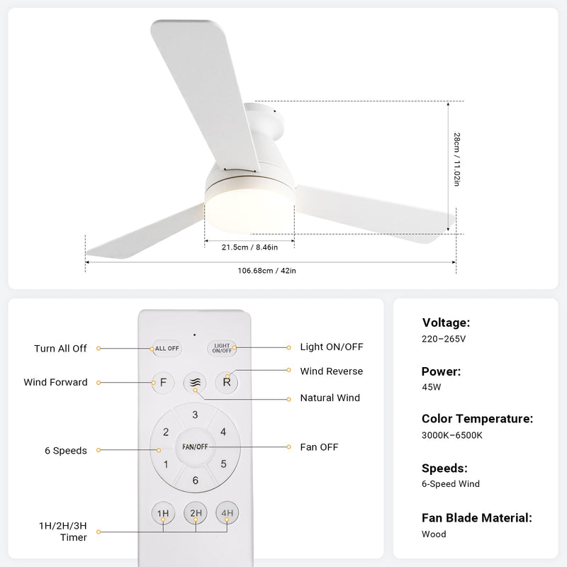 Ceiling Fan with Light 36/42" DC Motor 3 Wood Blades White CF-JYFW