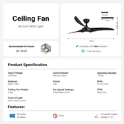 Ceiling Fan with LED Light 60" Black ABS Blades Remote ControlCF-6005