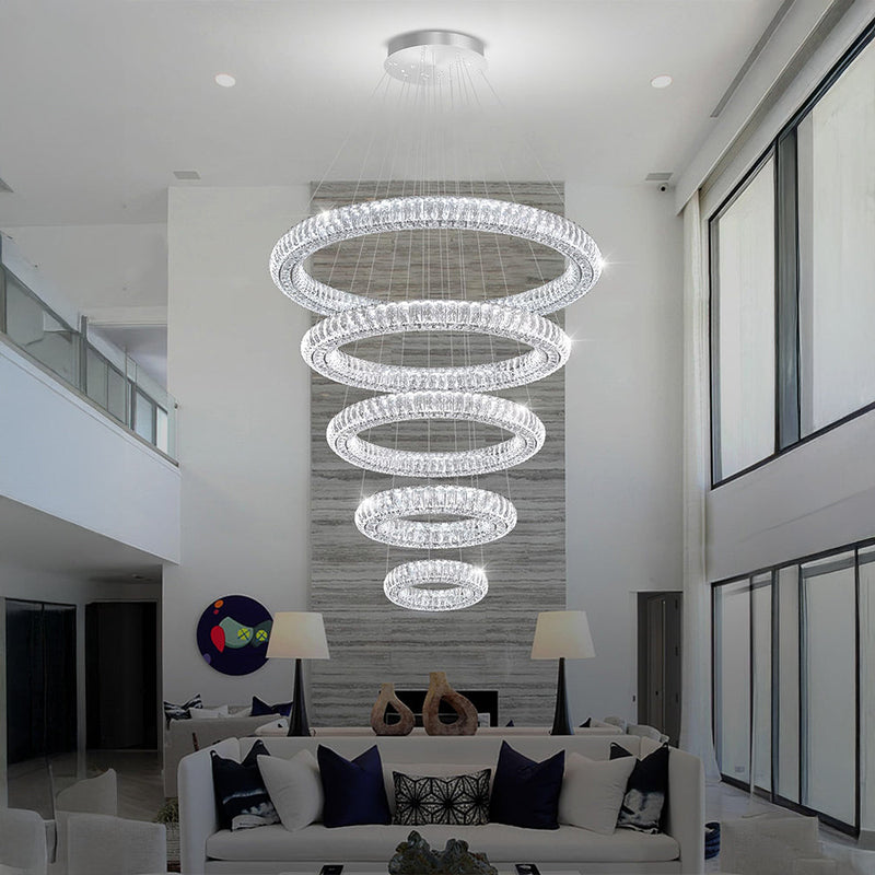 5 Rings Crystal Chandelier Modern LED Stair High Ceiling CL-5RCCS