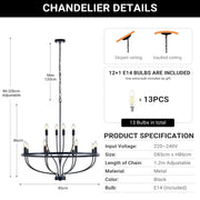 12 Lights Candle Chandelier Black Farmhouse & Industrial Pendant CL-12HCCB