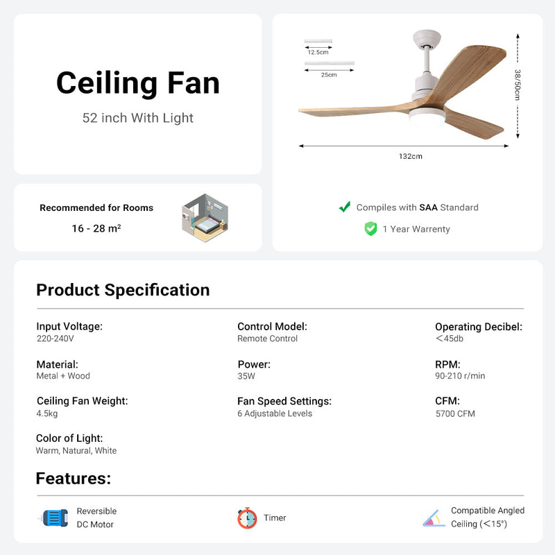 52'' Ceiling Fan with Light White&Brown with Remote Control CF-5204