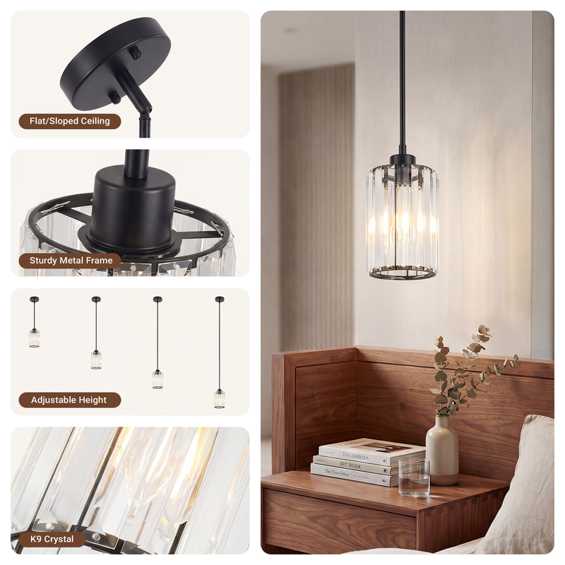 Modern Crystal Pendant Light Mini Chandelier Hanging Lamp Black CL-SCL