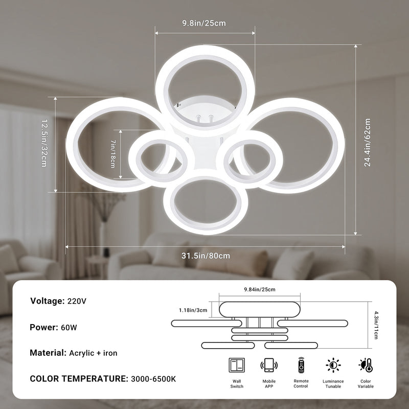 Modern LED Ceiling Light 6/8 Ring Dimmable Flush Mount Light Remote App White CL-RWT