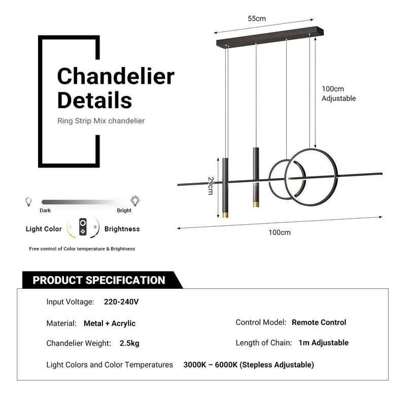 Ring Strip Mix LED Chandelier Adjustable Chain Metal Acrylic Modern Pendant Light CL-RSMC