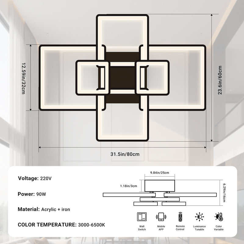 Modern LED Ceiling Light 6/8 Square Dimmable Flush Mount Light Remote App Black CL-SBK