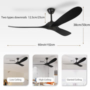 3 Wood Blades Black Ceiling Fan 60" Designer with Remote CF-6002