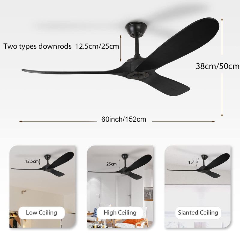3 Wood Blades Black Ceiling Fan 60" Designer with Remote CF-6002