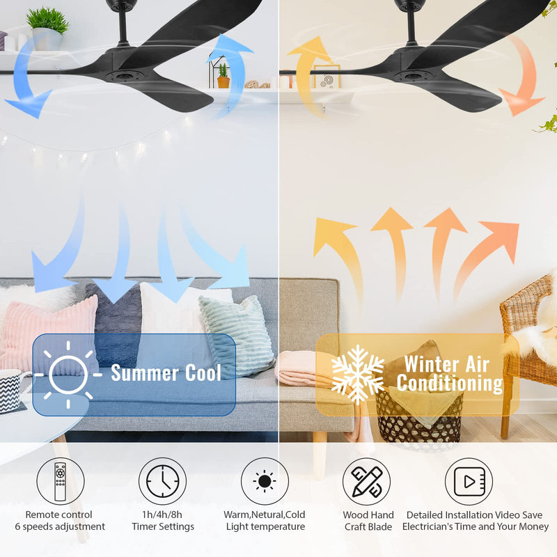 3 Wood Blades Black Ceiling Fan 60" Designer with Remote CF-6002