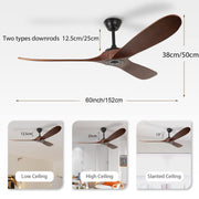 3 Wood Blades Ceiling Fan 60" Brown Designer with Remote CF-6001