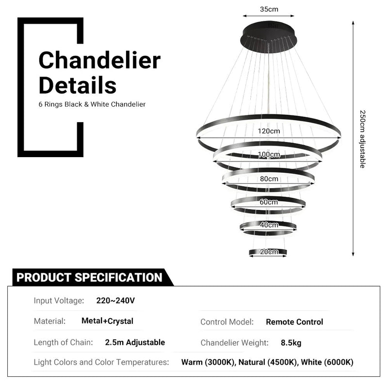 DIY 5/6 Rings Chandelier Modern Black White Dimmable Ceiling CL-NRBC