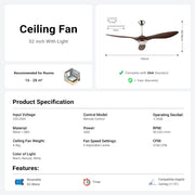 52'' Ceiling Fan with Light Silver&Brown with Remote Control CF-5206