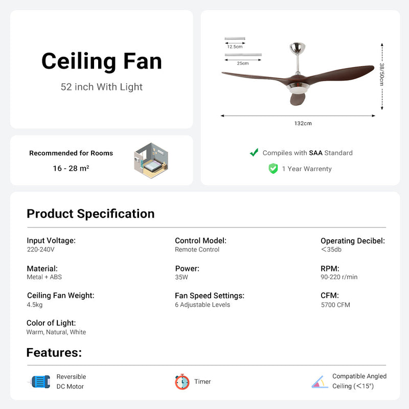 52'' Ceiling Fan with Light Silver&Brown with Remote Control CF-5206