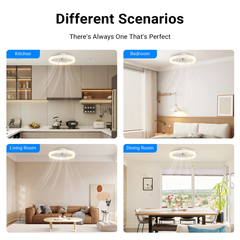 Flush Mount Ceiling Fan 50cm Crystal Light APP Remote White CF-FMW
