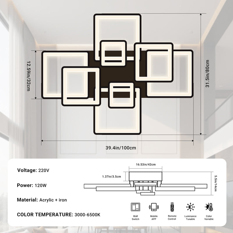 Modern LED Ceiling Light 6/8 Square Dimmable Flush Mount Light Remote App Black CL-SBK