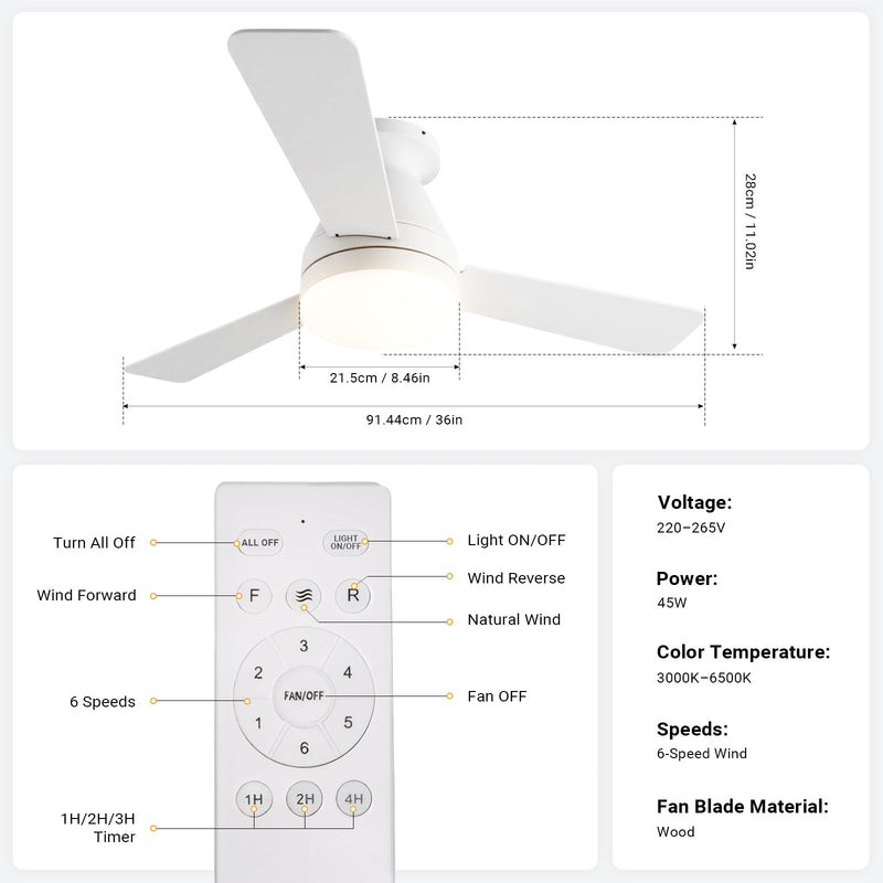 Ceiling Fan with Light 36/42" DC Motor 3 Wood Blades White CF-JYFW