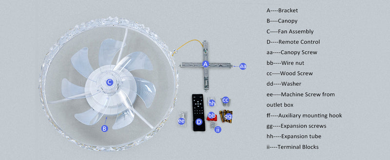 Flush Mount Ceiling Fan 50cm Crystal Light APP Remote White CF-FMW