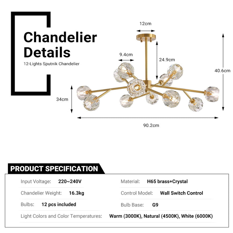 Brass Sputnik Chandelier Modern Pendant 3-Color Ceiling Light CL-12G
