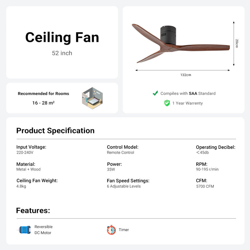 3 Wood Blades Ceiling Fan 52'' Ceiling Fan with Remote Control CF-5207