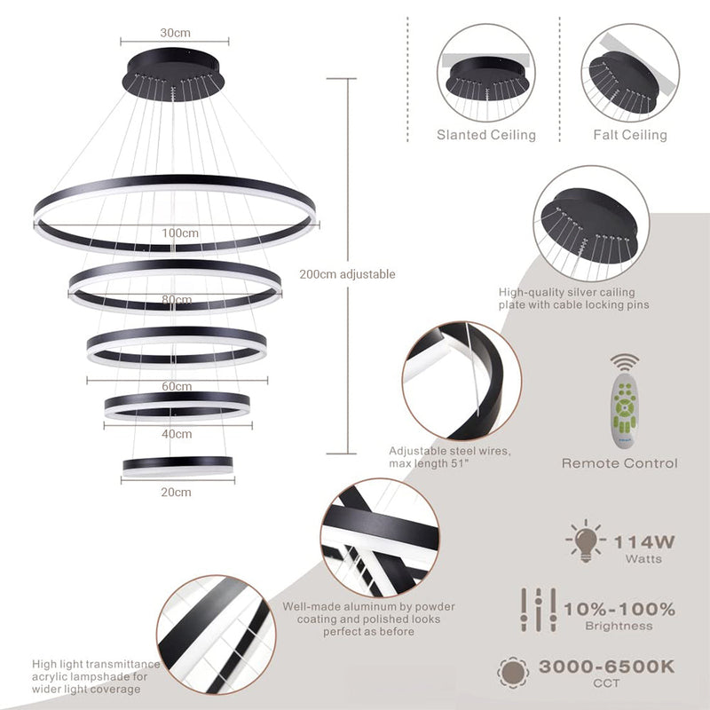 DIY 5/6 Rings Chandelier Modern Black White Dimmable Ceiling CL-NRBC
