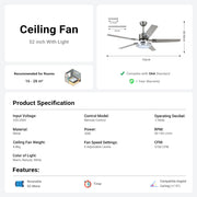 Silver Ceiling Fan with Light 52'' Modern fan with Remote CF-5208