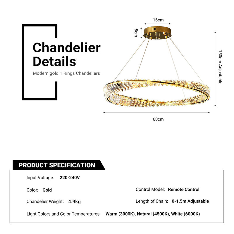 1 Ring Crystal Chandelier 60cm Gold 3 Colors With Remote CL-1R6