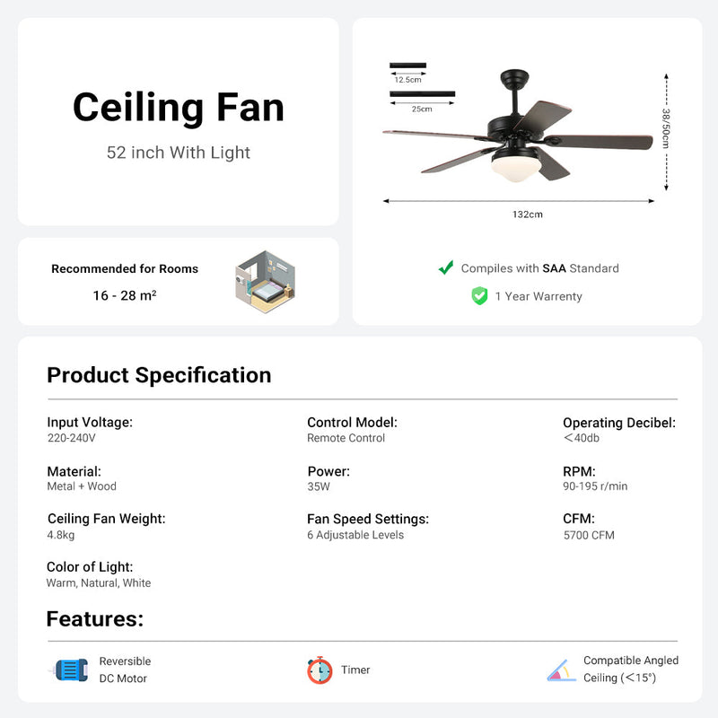 Black Ceiling Fan with Light 52'' Modern fan with Remote CF-5209