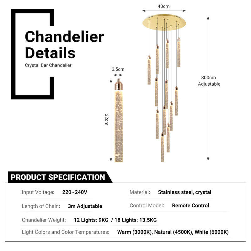 Staircase Crystal Chandelier Modern 12/18-Light Chain Light CL-CBAR