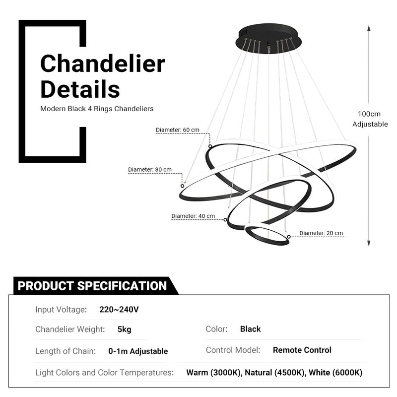 4 Rings Chandelier Black 3 Colors Home Ceiling Light CL-4RB