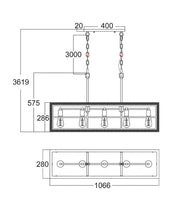 BANQUET: 5 Lamp Rectangular Medium Oak Wood L1066mm Pendant Lights dimensions diagram