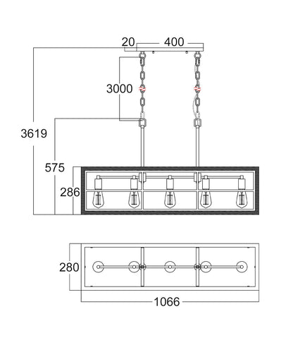 BANQUET: 5 Lamp Rectangular Medium Oak Wood L1066mm Pendant Lights dimensions diagram