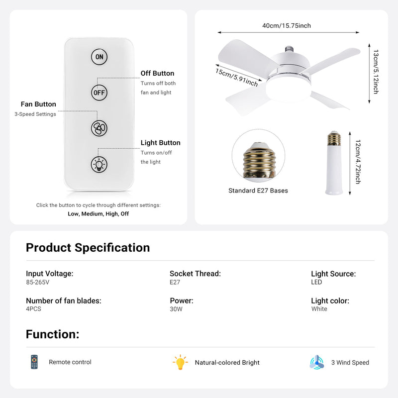 Quiet Socket Fan with Light Ceiling 3 Speed LED Light Remote CF-SFL4