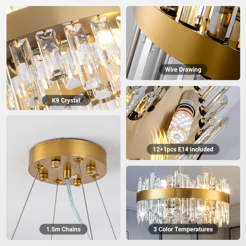 Modern Gold K9 Crystal Chandelier 12-Light Round Pendant CL-ICCR