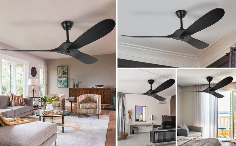 3 Wood Blades Black Ceiling Fan 60" Designer with Remote CF-6002