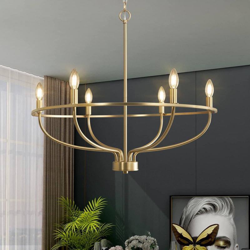 6 Lights Candle Chandelier Gold Farmhouse & Industrial Pendant CL-6CD