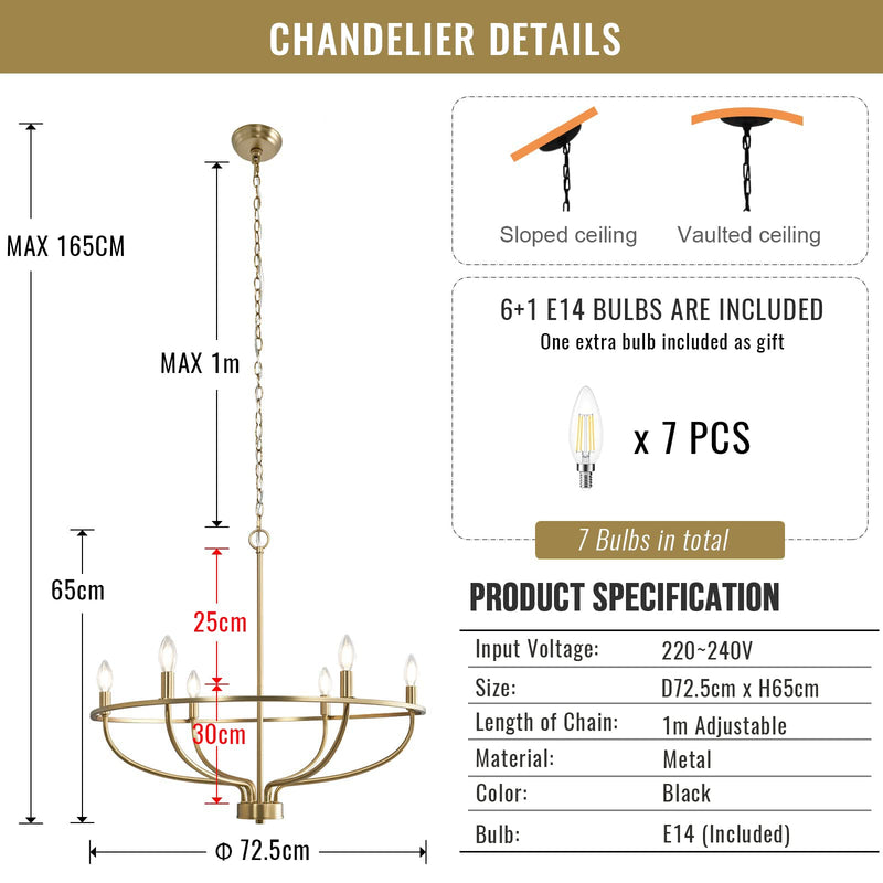 6 Lights Candle Chandelier Gold Farmhouse & Industrial Pendant CL-6CD
