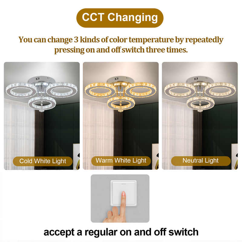 Luretta 30W Crystal Ring Tri-Colour Flush Mount Chandelier - image 7