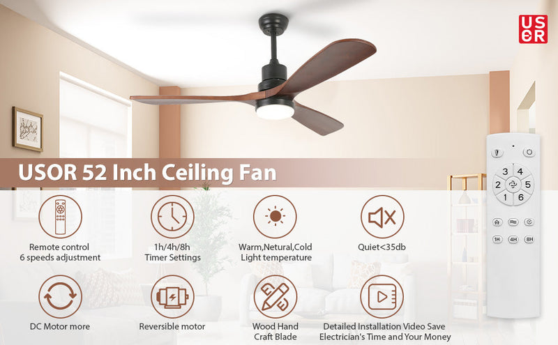 52'' Ceiling Fan with Light Modern Black&Brown with Remote CF-5201
