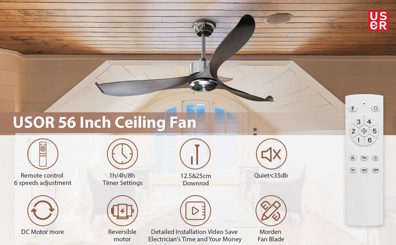 56"Silver&Brown Ceiling Fan Remote Control 3 ABS Blades Timer CF-5604