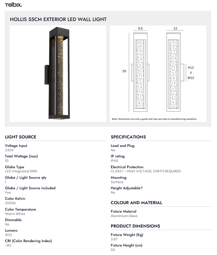 Telbix HOLLIS 55CM EXTERIOR LED WALL LIGHT